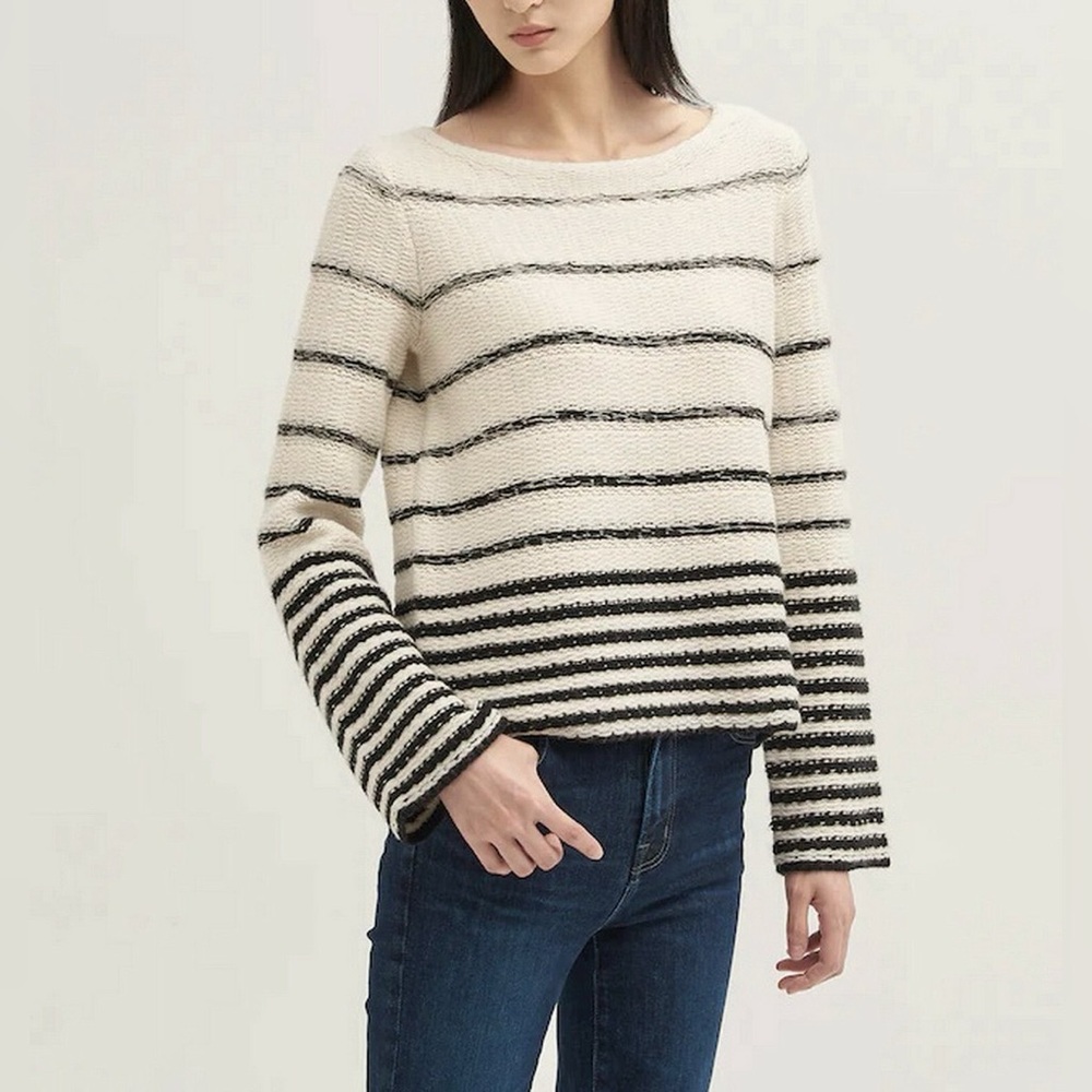 Theory Black and Cream Striped Crew Neck Sweater